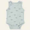 Pepco mint ribbed sleeveless bodysuit with a navy fish print, baby size 0–3 months, front
