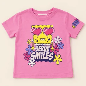 Pepco Kids pink SpongeBob Serve Smiles graphic t-shirt, kids size 4–5 years, front