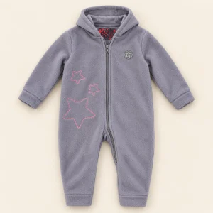 Cool Club grey fleece hooded pram suit with pink star embroidery, baby size 3–6 months, front