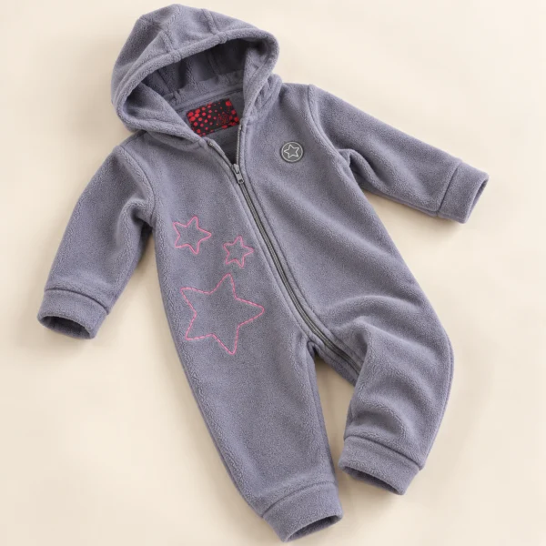 Cool_club2.png Cool Club grey fleece hooded pram suit, baby size 3–6 months, side view