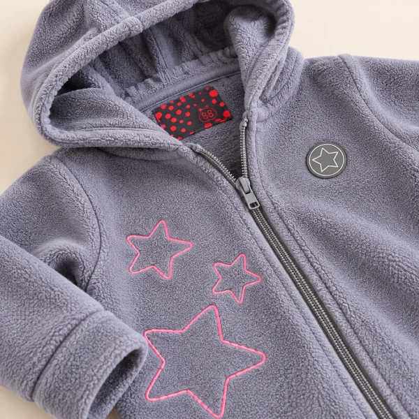 Cool_club3.png Cool Club grey fleece pram suit, close-up of the zip, hood and star embroidery