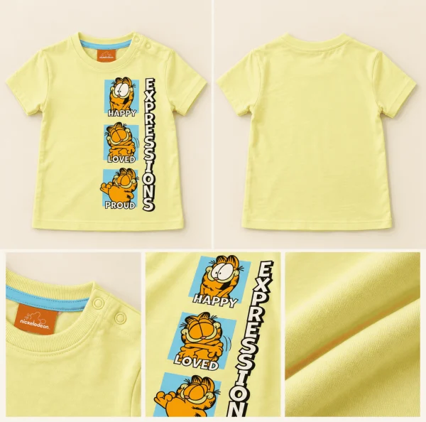 Pepco Kids yellow Garfield t-shirt, front, back and close-ups of the neck poppers, print and fabric