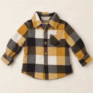 Primark mustard, black and white checked flannel shirt, baby size 3–6 months, front