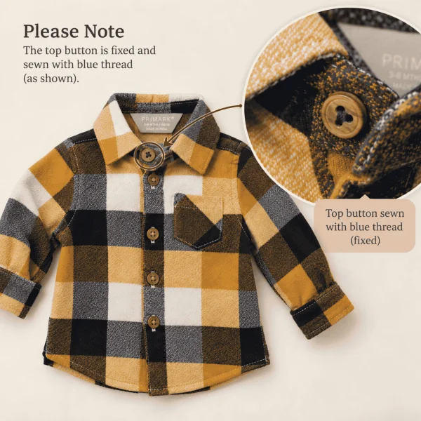 Primark checked flannel shirt, close-up of the top button resewn with blue thread