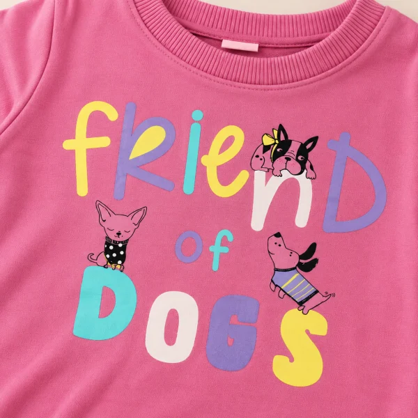 So Cute pink sweatshirt, close-up of the Friend of Dogs print