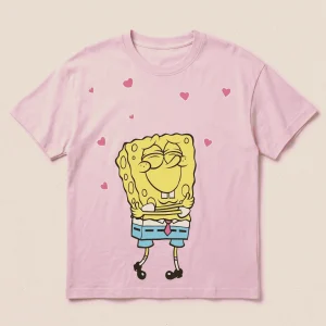 Pepco Teens pink SpongeBob graphic t-shirt with hearts, teen size, front