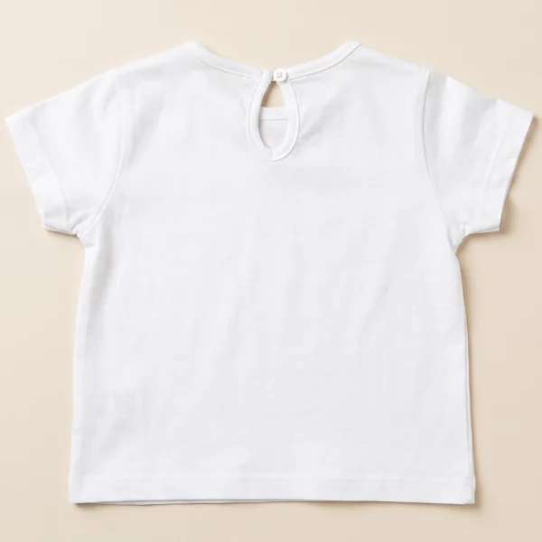 White cotton t-shirt, baby size 0–3 months, back with button fastening