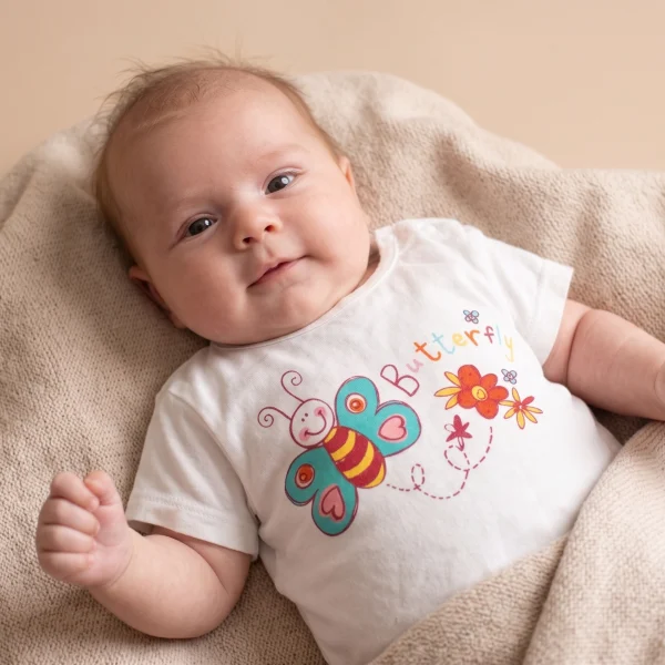 White butterfly print t-shirt worn by a baby, size 0–3 months