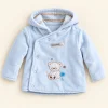 Zip_Zap1.png Zip Zap light blue velour hooded wrap jacket with a teddy bear appliqué, baby size 3–6 months, front