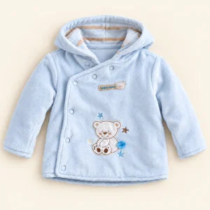 Zip Zap light blue velour hooded wrap jacket with a teddy bear appliqué, baby size 3–6 months, front