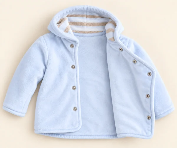 Zipzap3.png Zip Zap light blue velour wrap jacket shown open with the striped hood lining