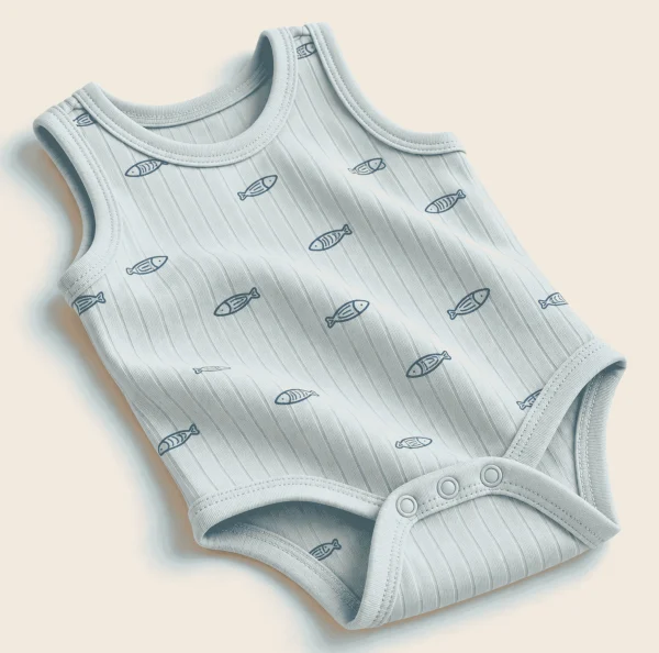 Pepco mint fish print ribbed bodysuit, baby size 0–3 months, angled view