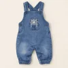 C&A blue denim dungarees with a hedgehog pocket, baby size 0–3 months, front