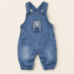 C&A blue denim dungarees with a hedgehog pocket, baby size 0–3 months, front