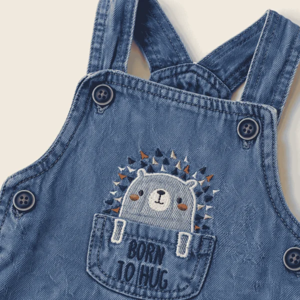 C&A denim dungarees, close-up of the Born to Hug hedgehog pocket