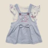 Disney at Pepco Stitch pinafore set, blue pinafore over a cream bodysuit, baby size 0–3 months