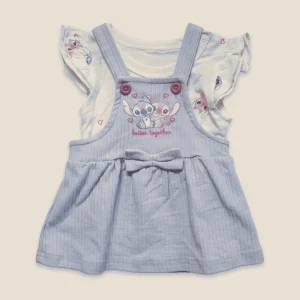 Disney at Pepco Stitch pinafore set, blue pinafore over a cream bodysuit, baby size 0–3 months