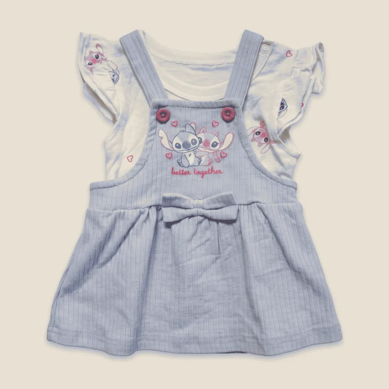Stitch pinafore set, blue and cream