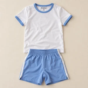 Destination girls' ringer tee and shorts set in white and blue, size 13 years (158 cm), front