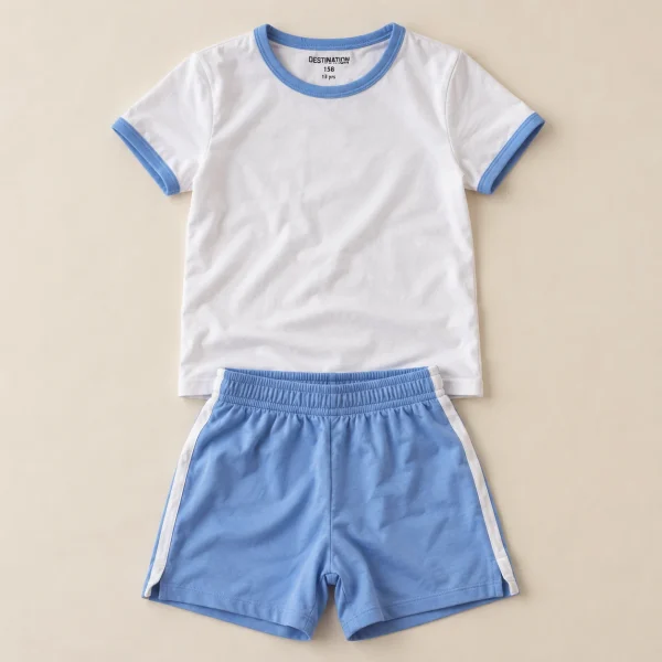 Destination girls' ringer tee and shorts set in white and blue, size 13 years (158 cm), front