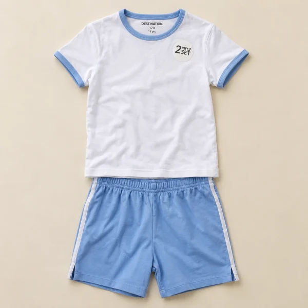 Ringer tee and shorts set, white and blue