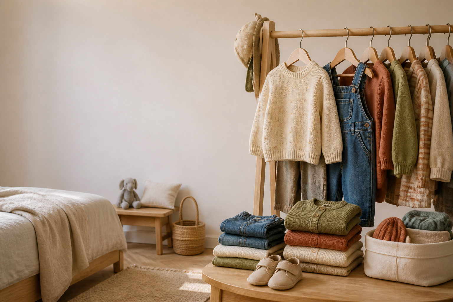 A rail of knitwear and denim dungarees