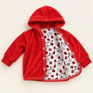 Red velour hooded sweatshirt with ladybird and daisy print lining, baby size 6–9 months, front