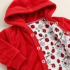 Red velour hooded sweatshirt, close-up of the hood and ladybird print lining, size 6–9 months
