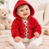 Red velour hooded sweatshirt worn by a smiling baby, size 6–9 months