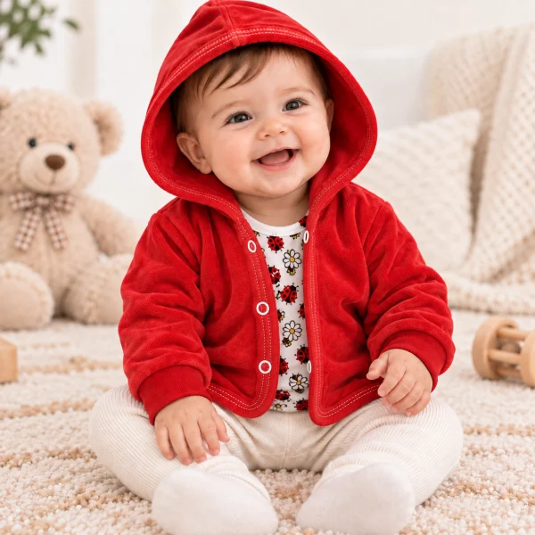 Red velour hooded sweatshirt worn by a smiling baby, size 6–9 months