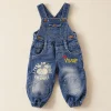 SANI denim dungarees in blue with panda print and bear buttons, size 6 months (68 cm), front
