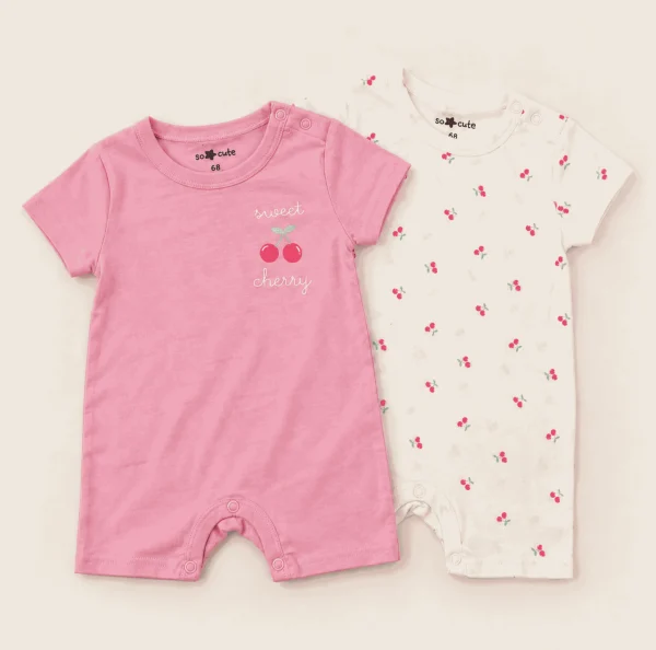 Cherry print rompers, 2-pack, pink and white