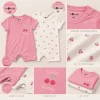 Pepco Baby cherry romper 2-pack, close-ups of the shoulder poppers, snap closure, print and fabric