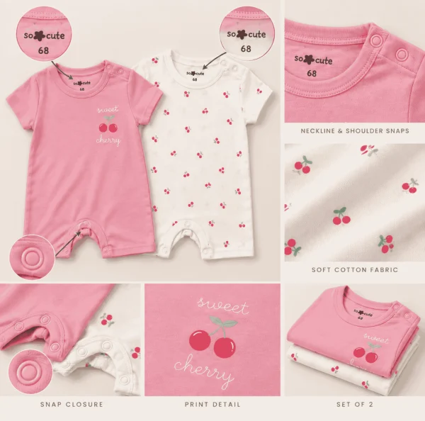 Pepco Baby cherry romper 2-pack, close-ups of the shoulder poppers, snap closure, print and fabric