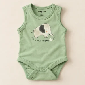 So Cute sleeveless bodysuit in sage green with Little Dreamer elephant print, size 0–3 months (56 cm), front