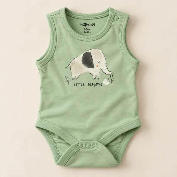 Sleeveless elephant bodysuit, sage