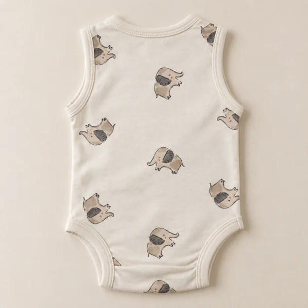 so-cute-elephant-print-bodysuit-cream-back So Cute sleeveless bodysuit in cream with all-over elephant print, size 0–3 months (56 cm), back