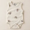 so-cute-elephant-print-bodysuit-cream-front So Cute sleeveless bodysuit in cream with all-over elephant print, size 0–3 months (56 cm), front