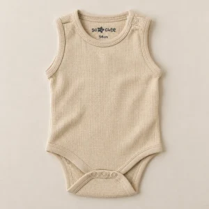 So Cute sleeveless waffle-knit bodysuit in oatmeal, size 0–3 months (56 cm), front