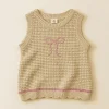 Pepco oatmeal cotton knit tank with a pink embroidered bow and scalloped hem, kids size 7–8 years, front