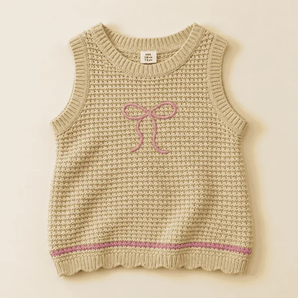 Pepco oatmeal cotton knit tank with a pink embroidered bow and scalloped hem, kids size 7–8 years, front