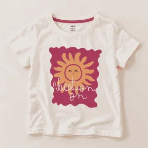 Pepco white t-shirt with a pink Vacation On sun print, kids size 4–5 years, front