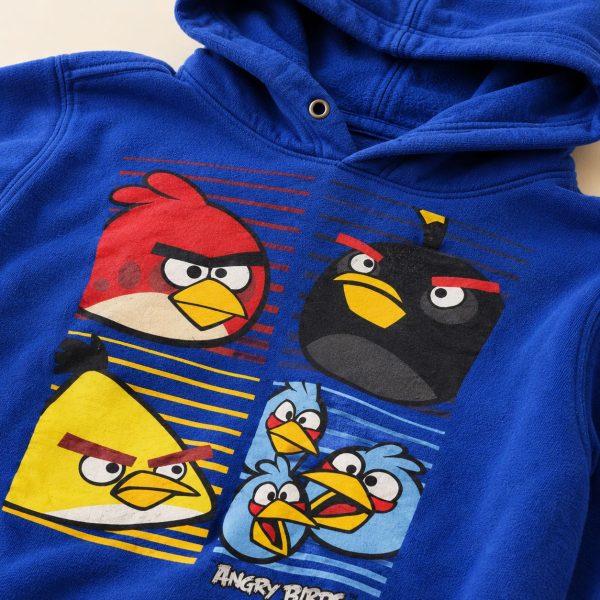 C&A Angry Birds hoodie in royal blue, teen 170/176, close-up of the print with light wash wear