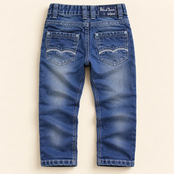 Black Tuna jeans in mid blue, size 6-7 years (122 cm), back with wave-stitched pockets and fish patch