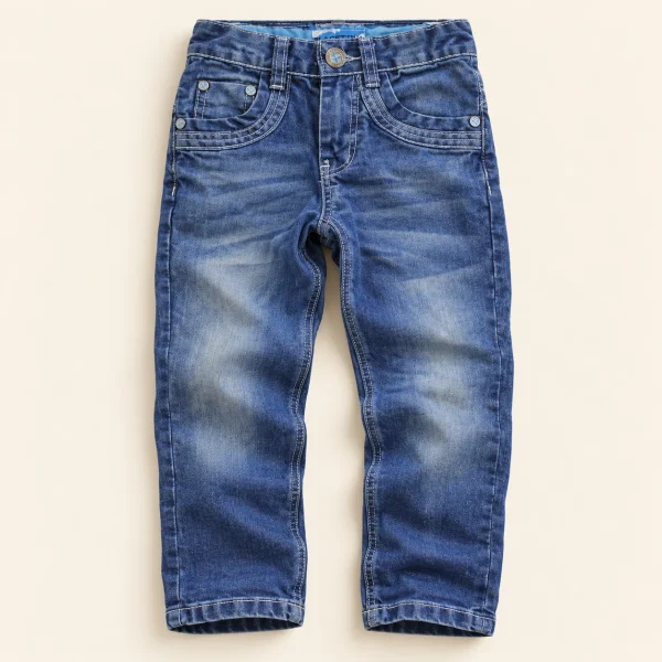 Black Tuna jeans in mid blue with white contrast stitching, size 6-7 years (122 cm), front