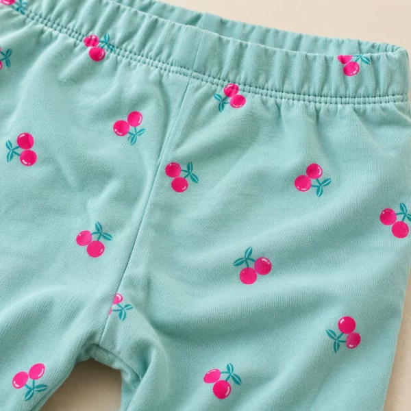 So Cute leggings in mint, 18–24 months, close-up of the elastic waist and cherry print