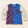 Colour-block long-sleeve tee, blue and purple So Cute colour-block long-sleeve tee in blue and purple, 6–9 months, front with sunglasses pocket print