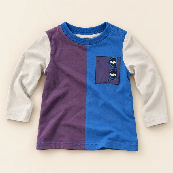 Colour-block long-sleeve tee, blue and purple So Cute colour-block long-sleeve tee in blue and purple, 6–9 months, front with sunglasses pocket print