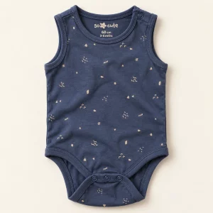 So Cute sleeveless bodysuit in navy with sand confetti print, 3–6 months, front view with poppers