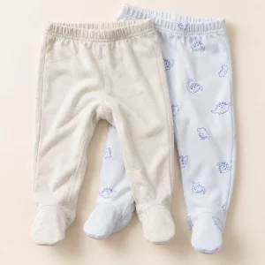 So Cute footed leggings 2-pack, 6–9 months, oatmeal marl pair and pale blue dinosaur print pair side by side